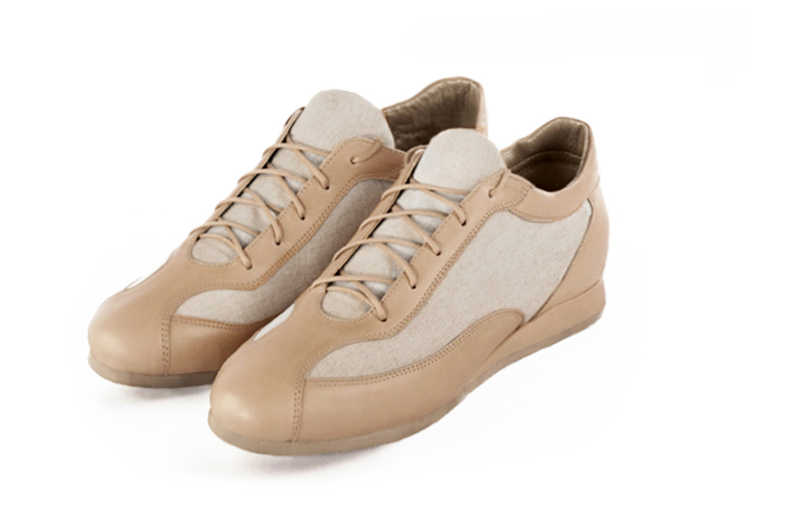 Tan beige women's two-tone elegant sneakers. Round toe. Flat wedge soles. Front view - Florence KOOIJMAN
